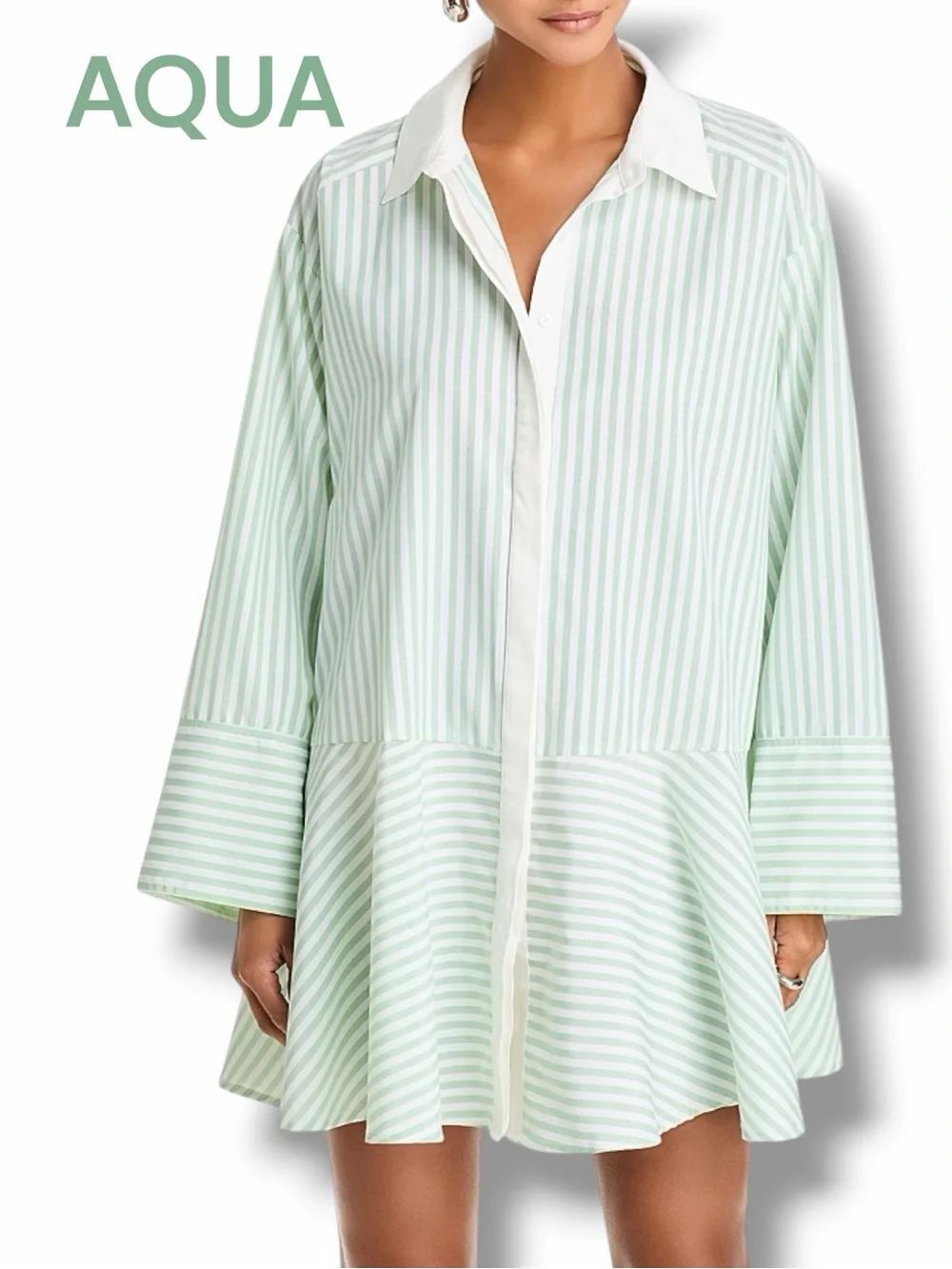 AQUA Women’s Striped Contrast Trim Relaxed Shirt Dress in the Size Large in Mint